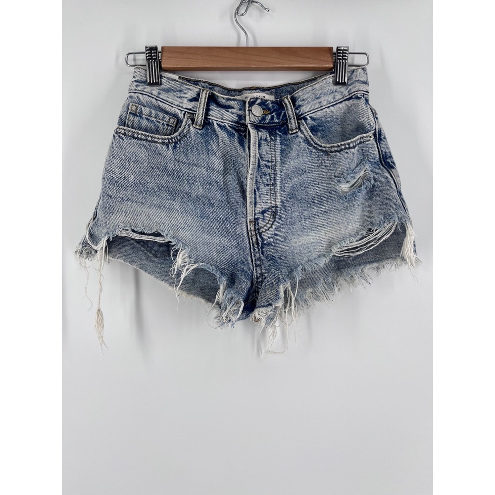 Women High Waisted Acid Wash Distressed Denim Shorts Blue Size 25 Coastal Fringe